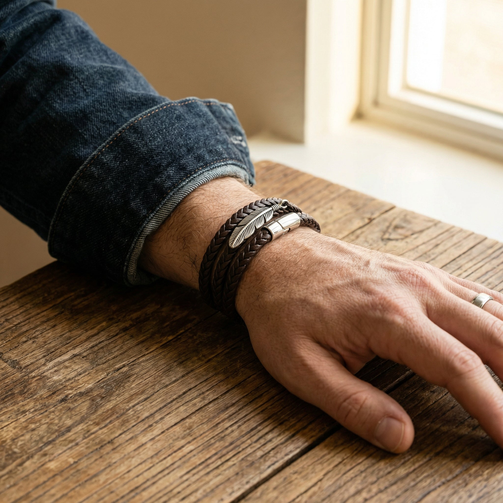 Poignet d'homme portant un bracelet multi-rangs en cuir tressé marron