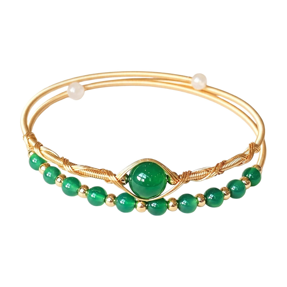 Double-row cuff bracelet in natural stones, twisted gold wire, beads at the ends, Stivine model
