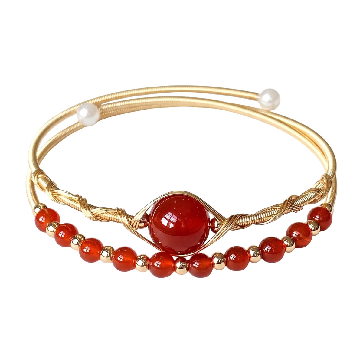 Double-row cuff bracelet in natural stones, twisted gold wire, beads at the ends, Stivine model