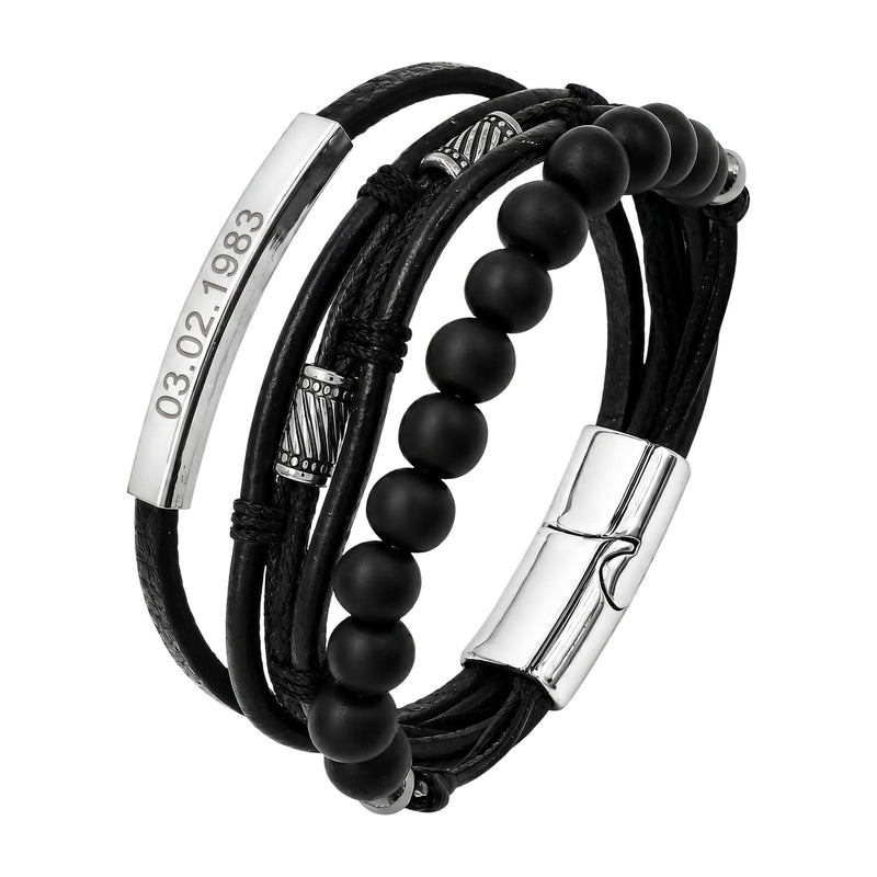 Bracelet personnalisé multirangs, lanières tressées et perles en bois, fermoir magnétique en acier inoxydable avec gravure personnalisée offerte, modèle Randal