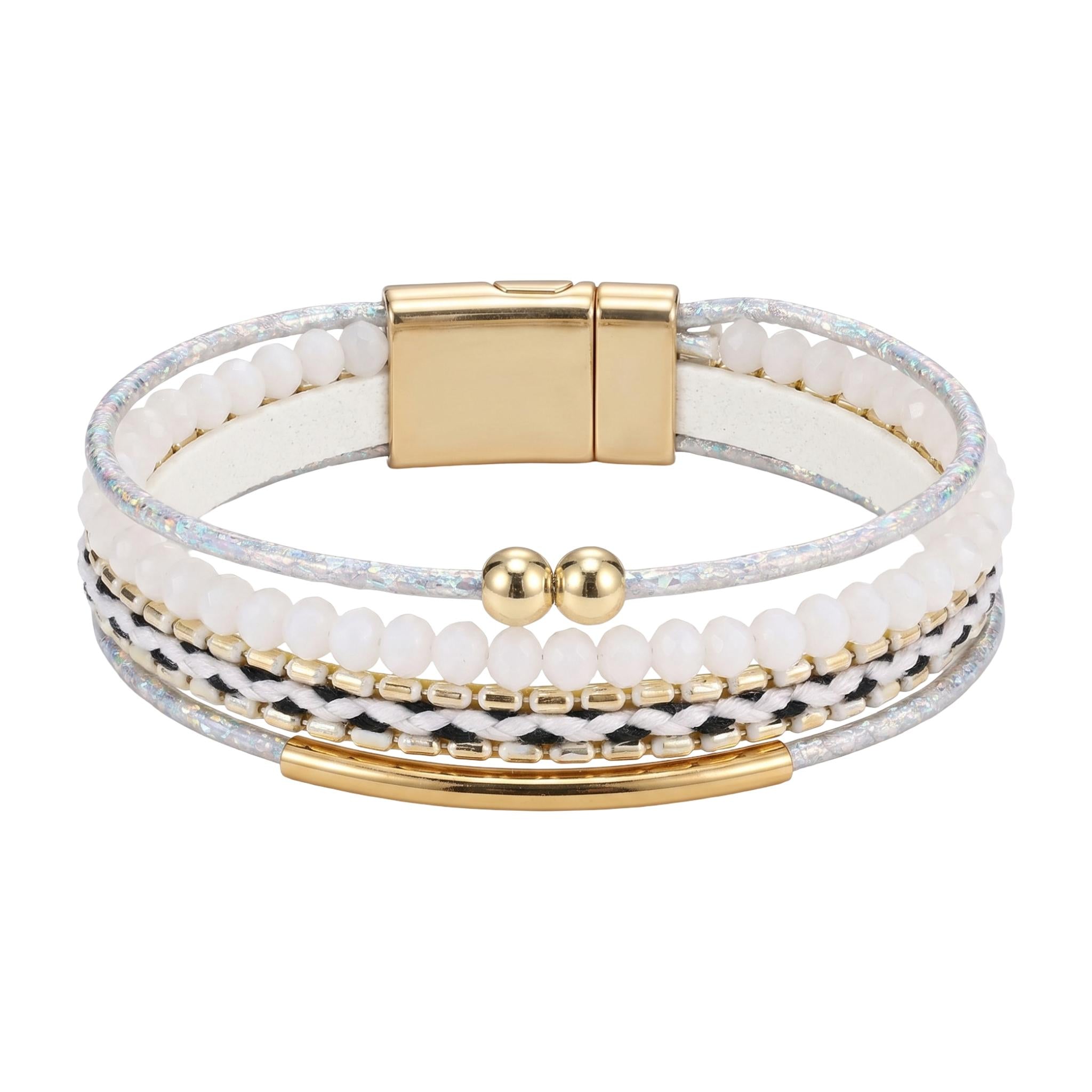 Bracelet multi-rangs femme, cristaux scintillants, fermoir magnétique, alliage doré, lanières texturées, modèle Losiane