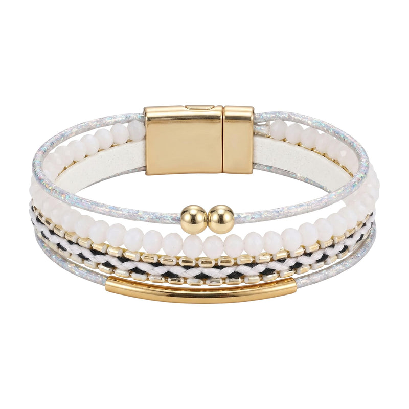 Bracelet multi-rangs femme, cristaux scintillants, fermoir magnétique, alliage doré, lanières texturées, modèle Losiane