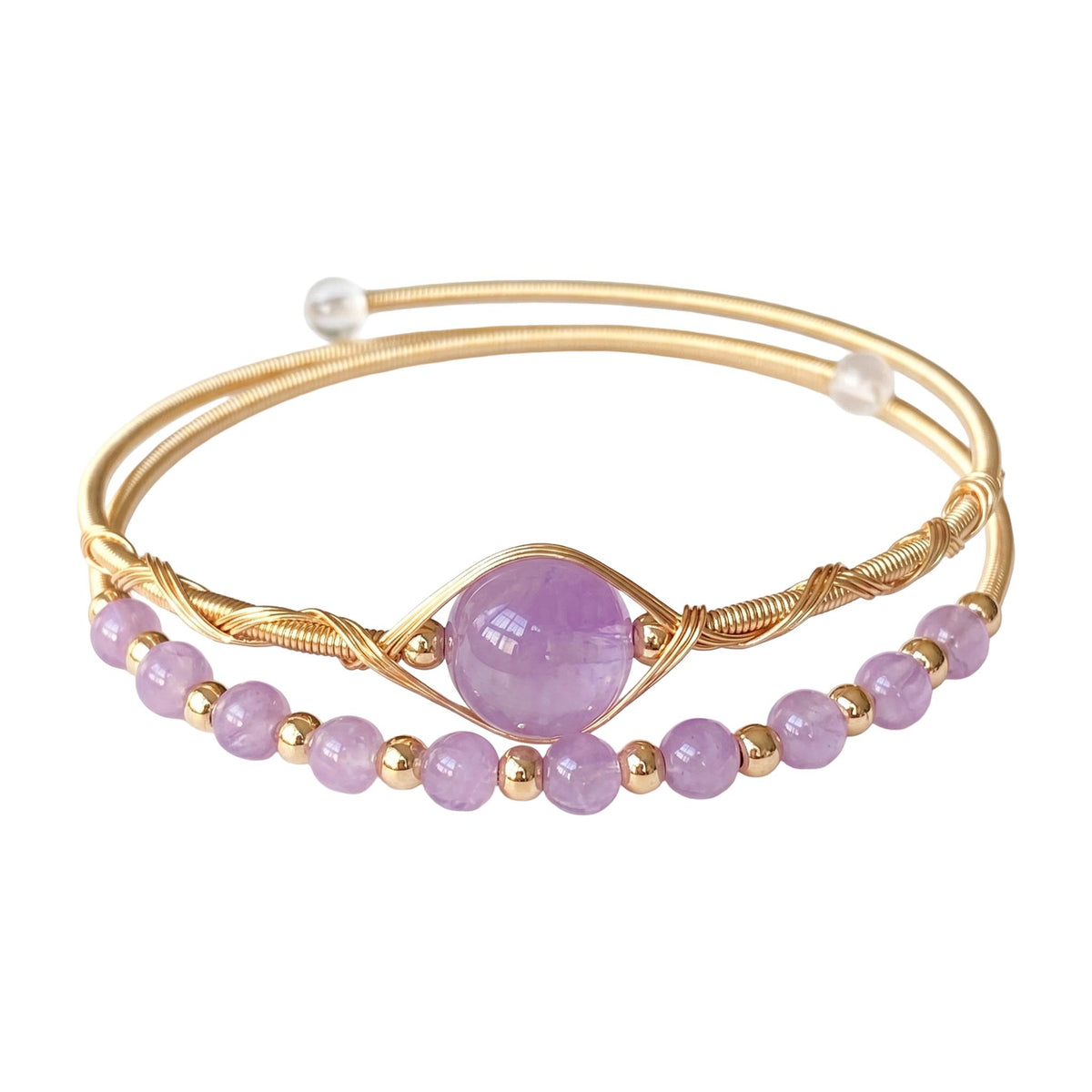 Double-row cuff bracelet in natural stones, twisted gold wire, beads at the ends, Stivine model