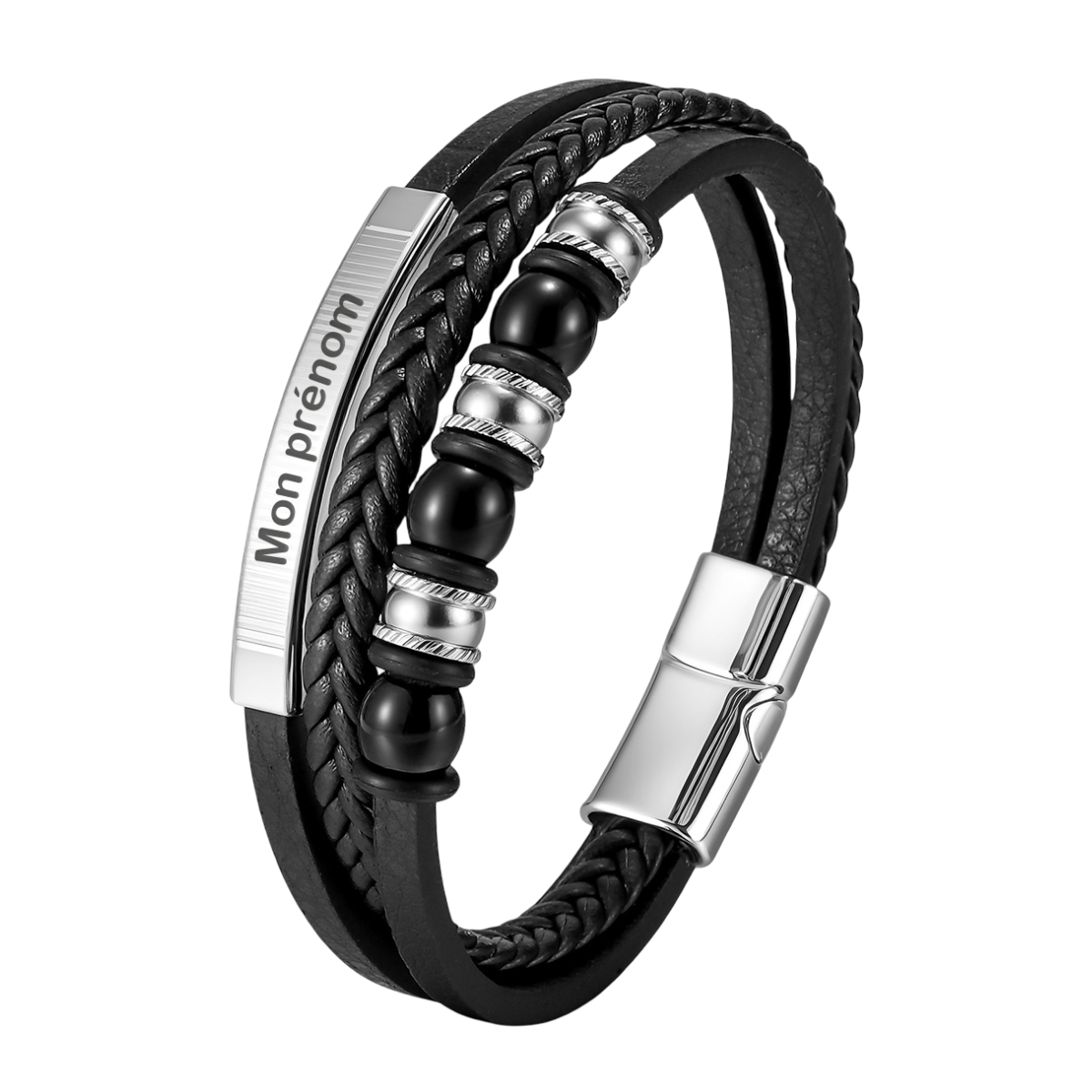 Bracelet homme multi-rangs cuir noir avec perles onyx noires, plaque gravée personnalisable et fermoir magnétique argenté.
