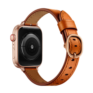 Bracelet Apple Watch cuir pleine fleur marron avec boucle ovale dorée, intérieur beige doux, style élégant.