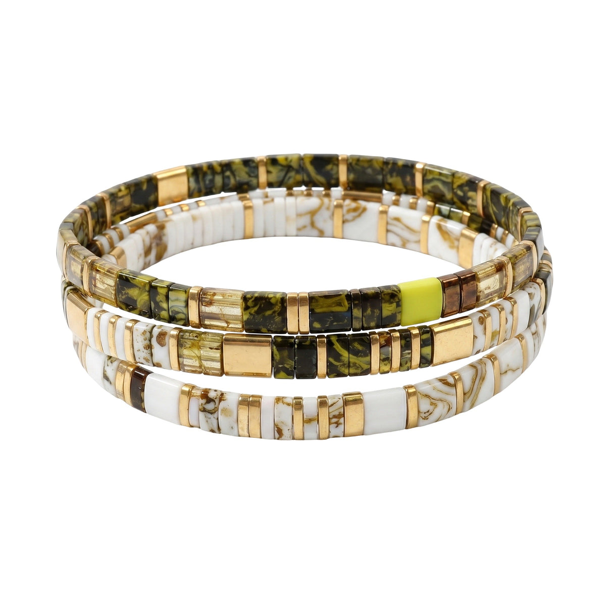 Trio de Bracelets en perles du Japon Miyuki kaki et blanc marbré, parure pour femme, bijoux de poignet élastiques, lot de trois pièces, accessoires tendance, modèle Masata