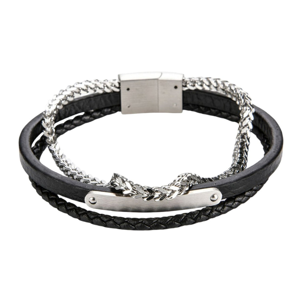 Bracelet pour homme avec cuir noir tressé et lisse, chaîne acier argentée, plaque métallique gravable, fermeture magnétique.