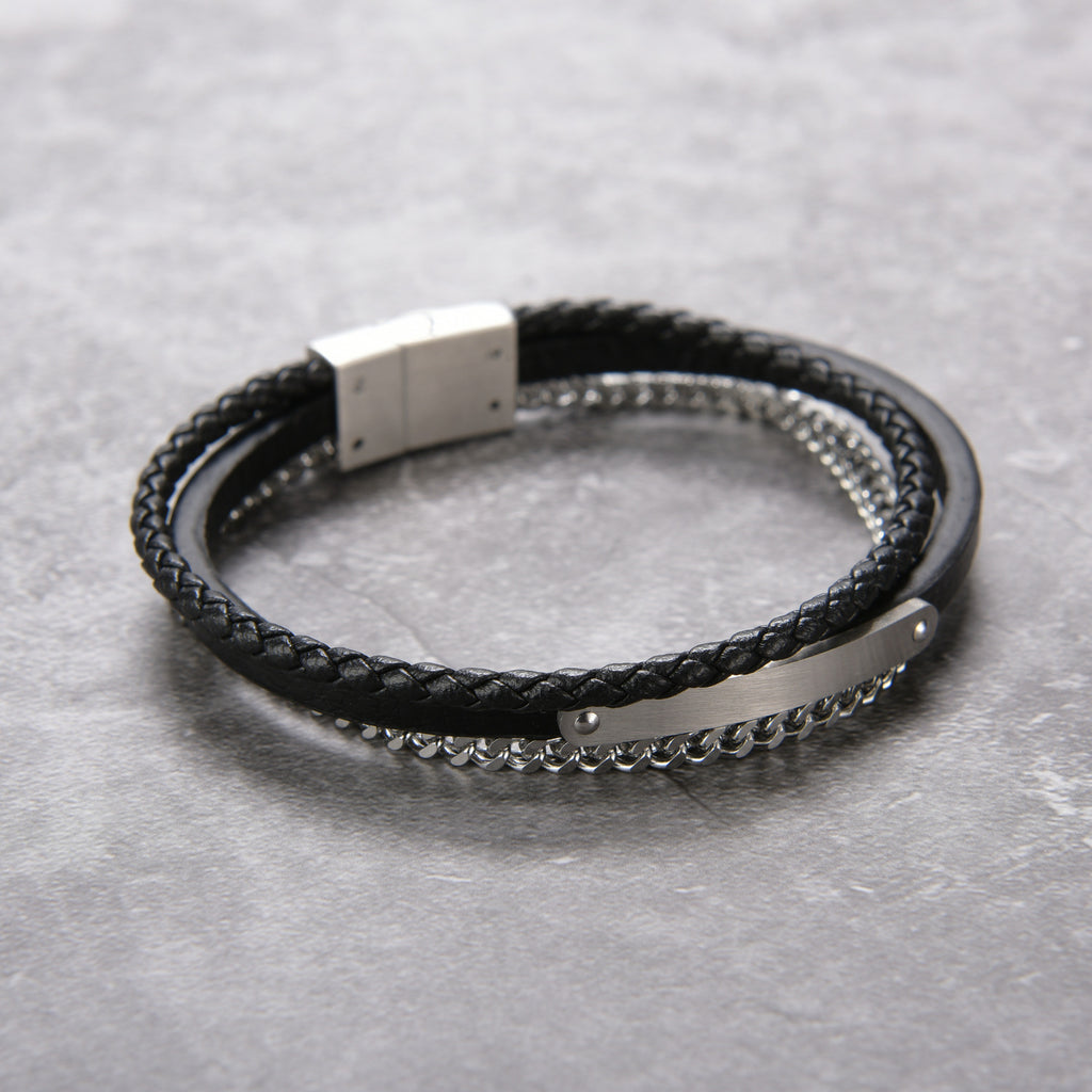 Bracelet homme double tour cuir noir tressé et chaîne acier argenté, fermeture magnétique acier inoxydable.