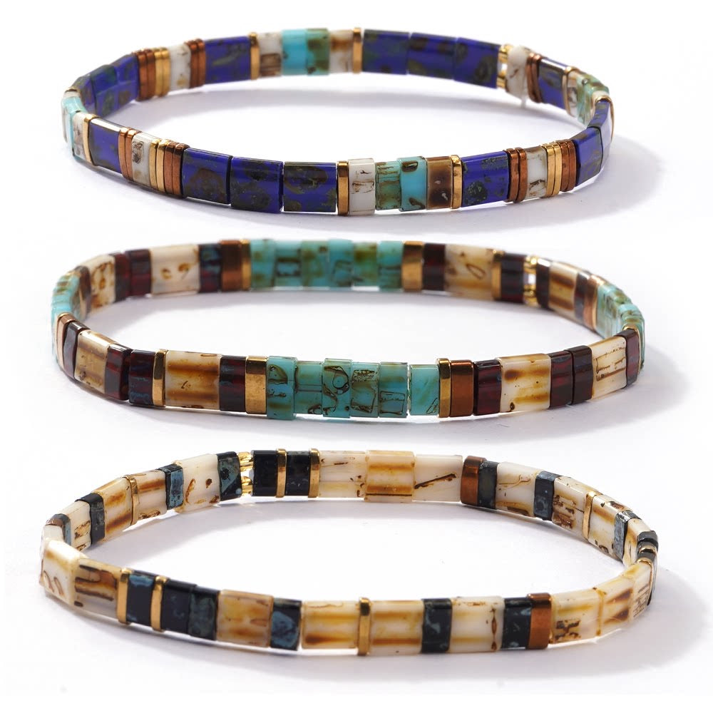 Trio de bracelets en perles du Japon Tila, bleu cobalt turquoise et ivoire marbré, modèle Chihisu