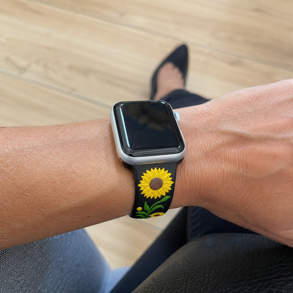 Bracelet Apple Watch silicone fleur de tournesol en relief, taille ajustable, disponible en plusieurs coloris, modèle Sunda