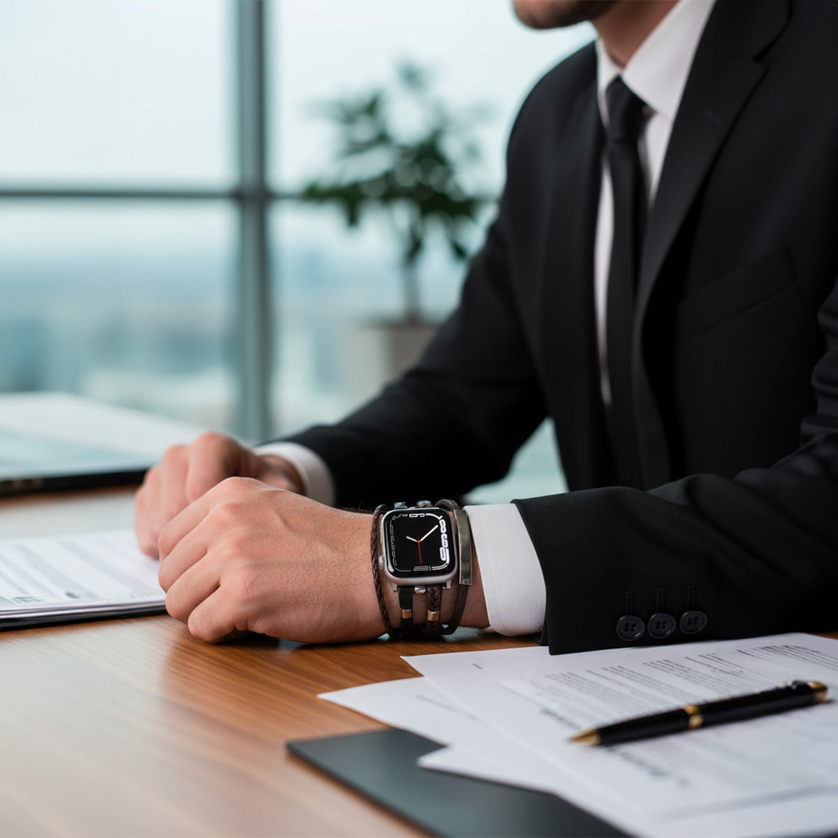 Bracelet multi-rangs pour Apple Watch en simili cuir vegan marron tressé avec plaque métal personnalisable, style élégant et