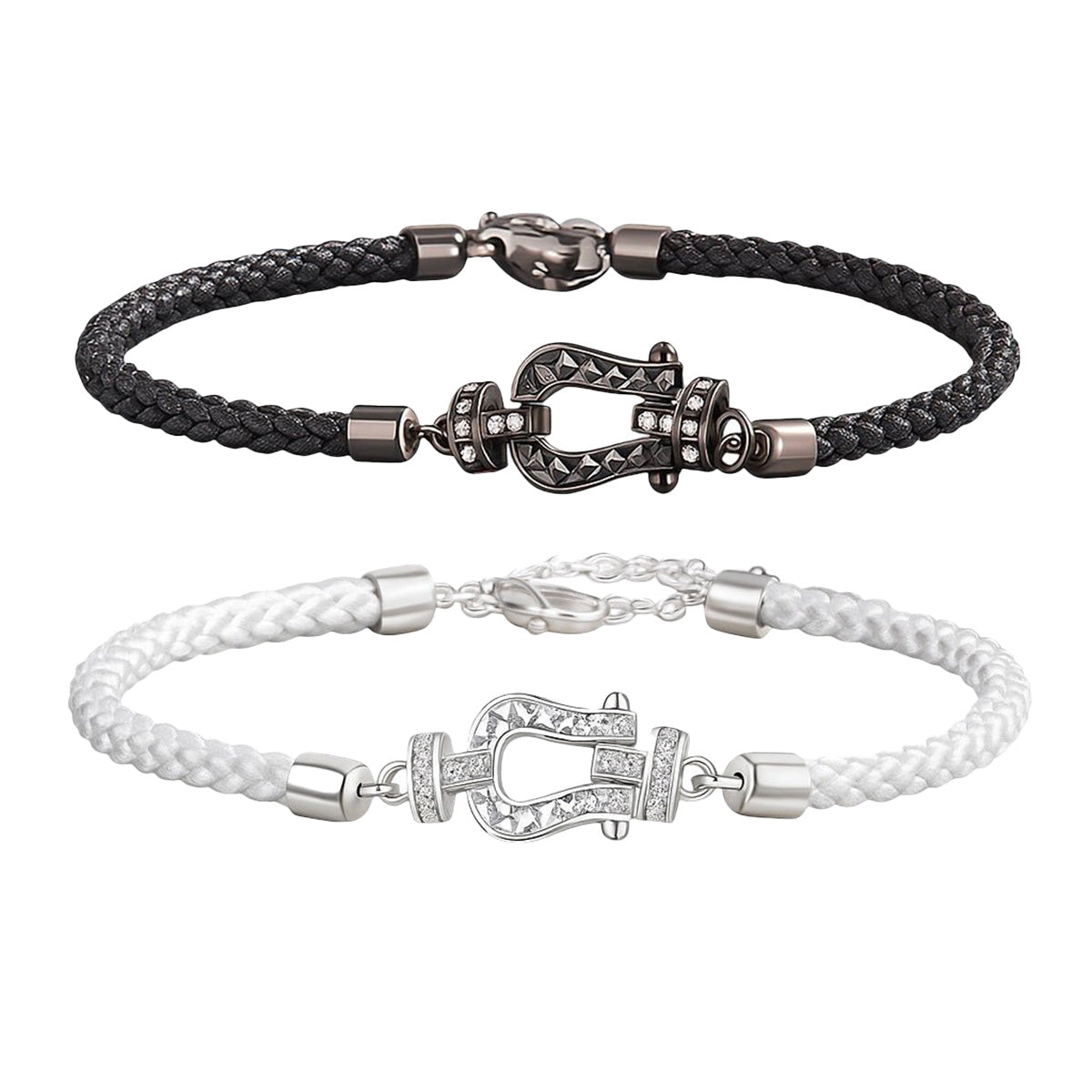 Bracelet en cuir tressé noir avec fermoir en forme de fer à cheval en argent sterling orné de zircon blancs Bracelet en cuir