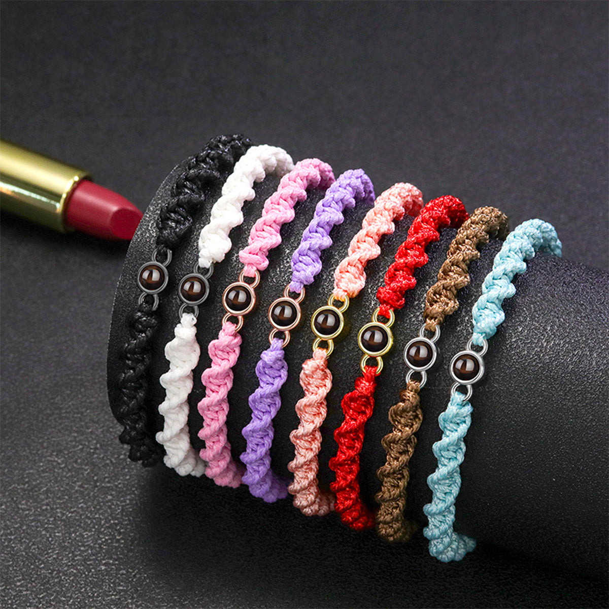 Bracelets photo tressés en nylon de couleurs variées avec fermoir coulissant noir, style décontracté et personnalisable.