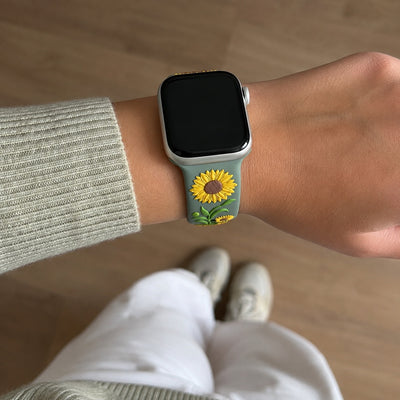 Bracelet Apple Watch silicone fleur de tournesol en relief, taille ajustable, disponible en plusieurs coloris, modèle Sunda