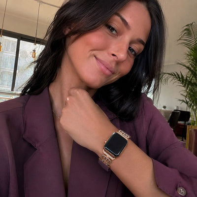 Bracelet en nylon élastique pour Apple Watch, connecteurs en acier inoxydable avec motif couronne serti de cristaux, ajustable et léger, modèle Irène