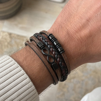 Bracelet multi-rangs tresse, symbole infini, fermoir magnetique noir, pour homme, modele Guzare