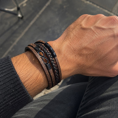 Bracelet multi-rangs tresse, symbole infini, fermoir magnetique noir, pour homme, modele Guzare