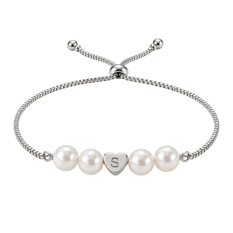 Bracelet ajustable en acier inoxydable, perles synthétiques, cœur personnalisable à graver, modèle Exposita