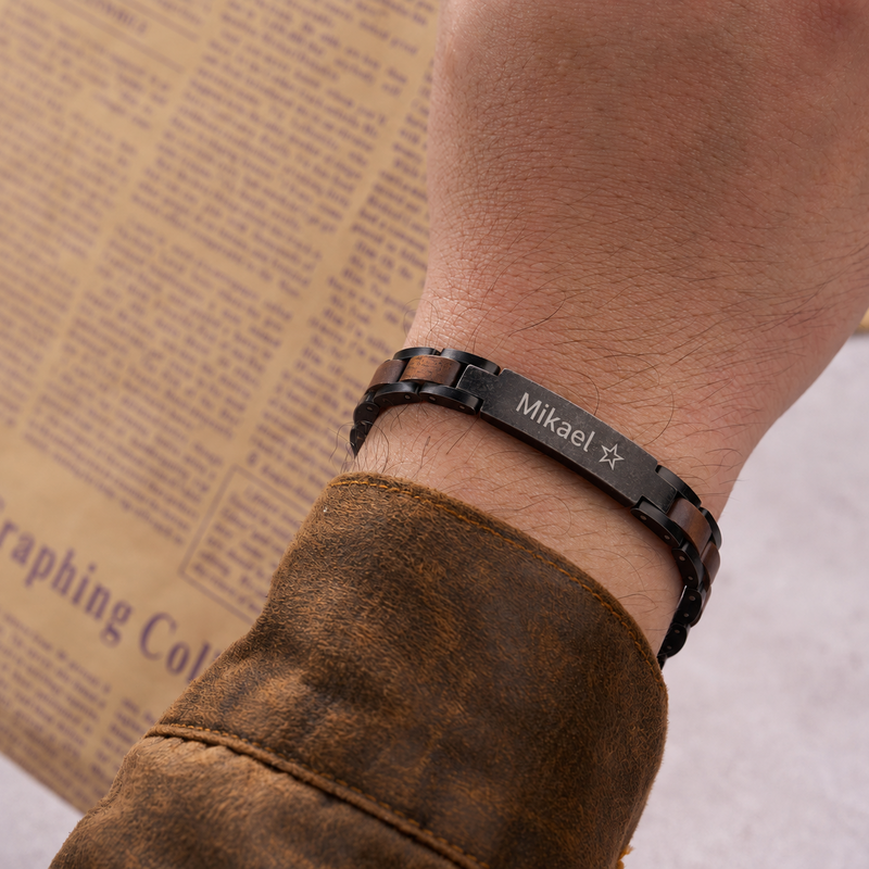 Bracelet en bois et acier inoxydable, plaque personnalisable par gravure, maillons ajustables, modèle Vodin