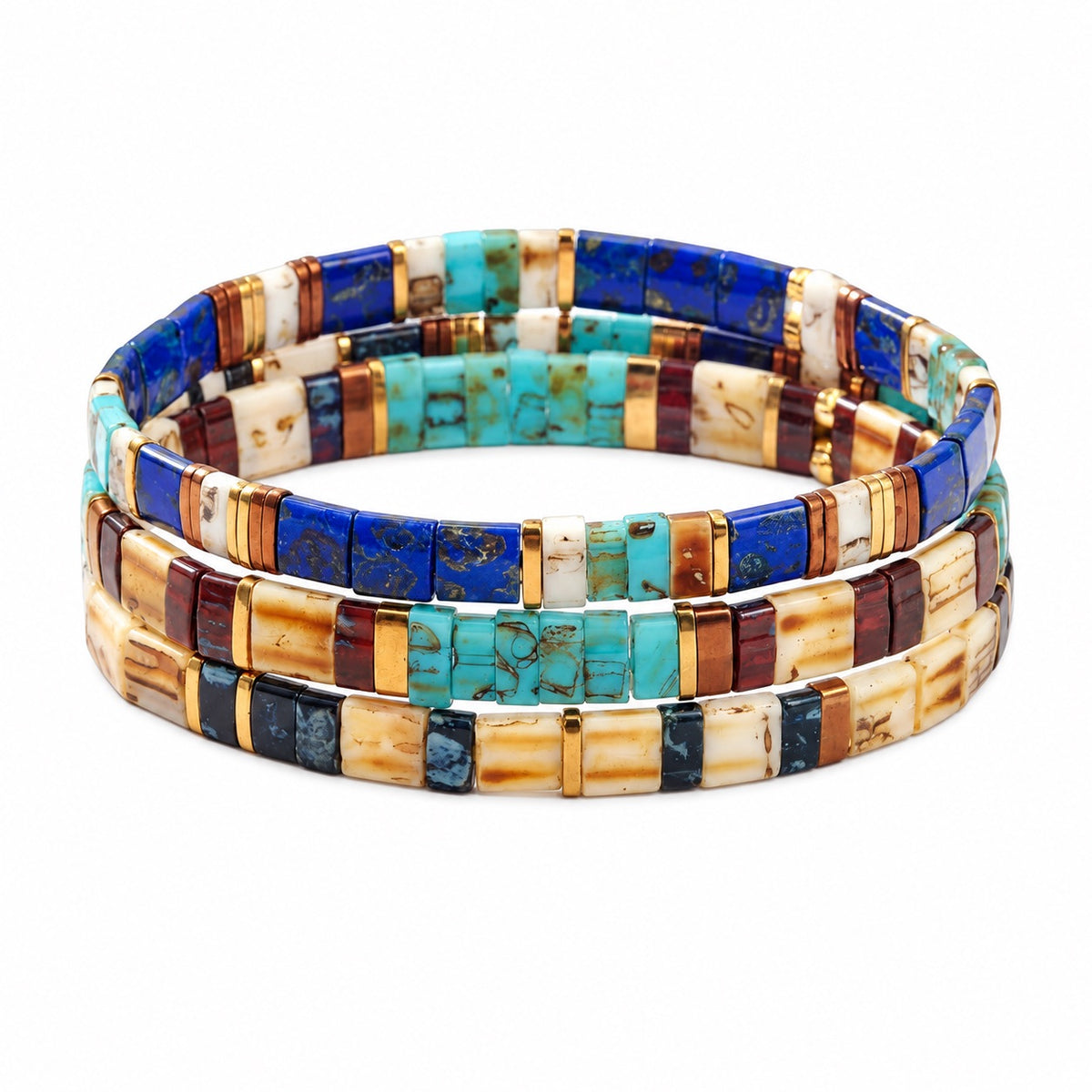 Trio de bracelets en perles du Japon Tila, bleu cobalt turquoise et ivoire marbré, modèle Chihisu