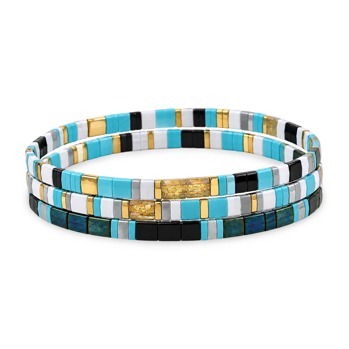 Trio de bracelets en perles Tila, turquoise intense, noir profond, éclats dorés, modèle Usiki