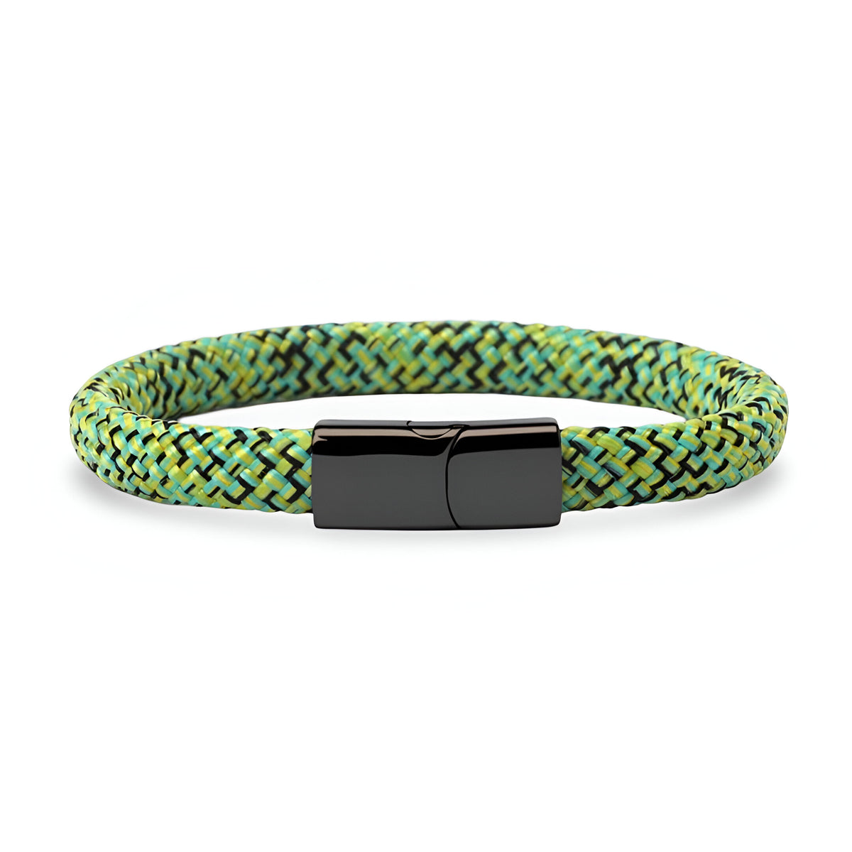 Bracelet cordon en corde de bateau vert et noir avec fermoir magnétique en acier inoxydable noir mat.