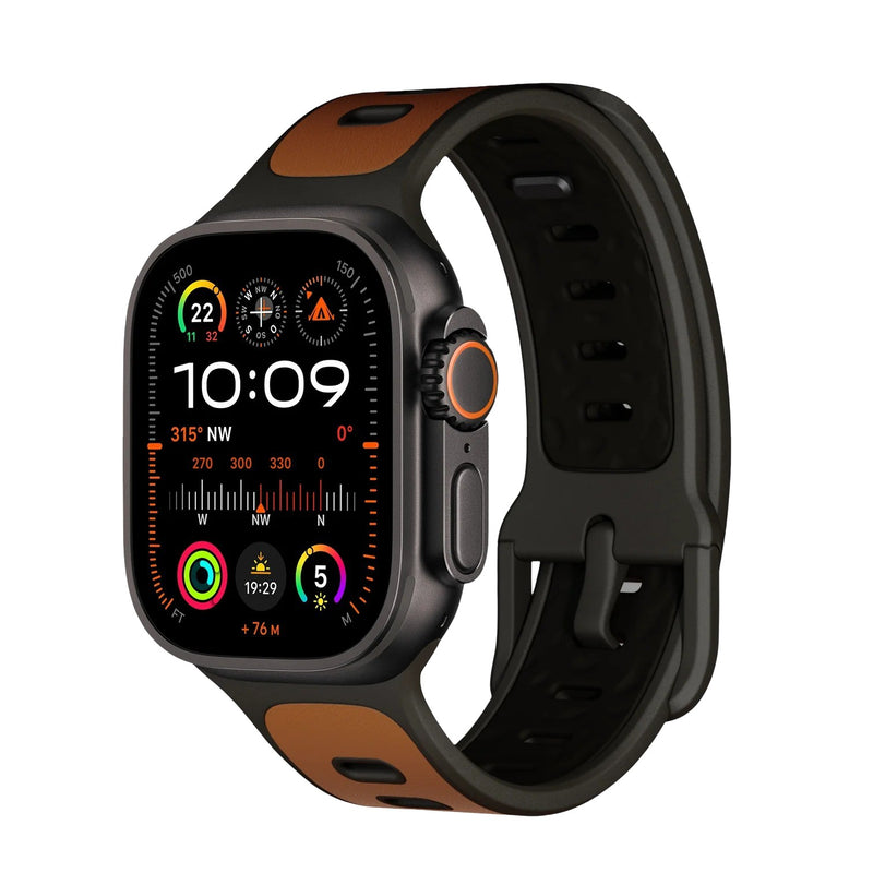 Bracelet Apple Watch hybride en cuir marron et fluoroélastomère noir avec boucle ajustable, style sport élégant.
