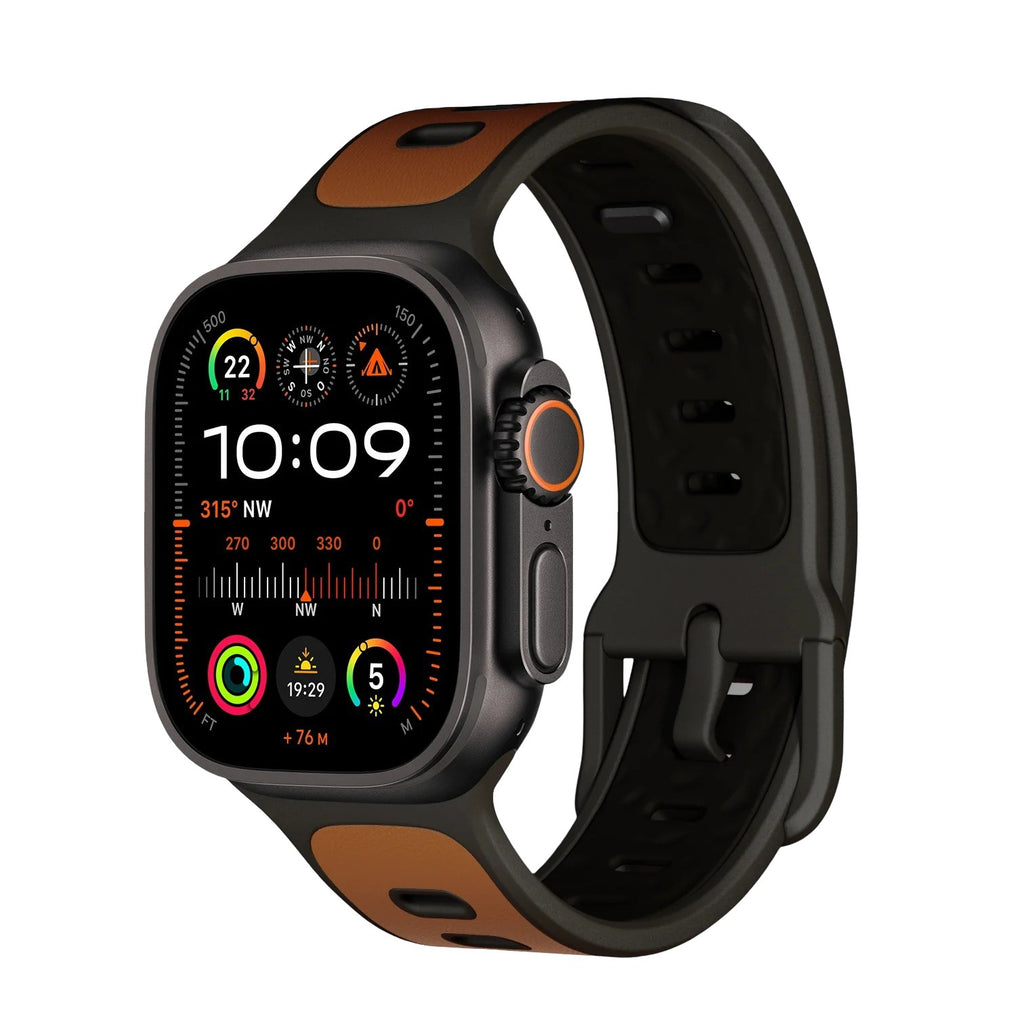 Bracelet Apple Watch hybride en cuir marron et fluoroélastomère noir avec boucle ajustable, style sport élégant.