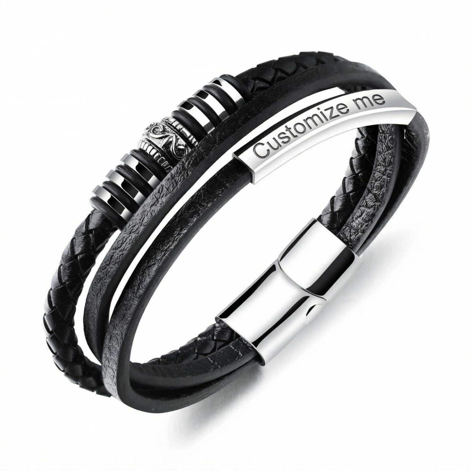 Bracelet homme noir en simili cuir tressé et lisse avec plaque gravée personnalisable et fermoir aimanté argenté moderne.