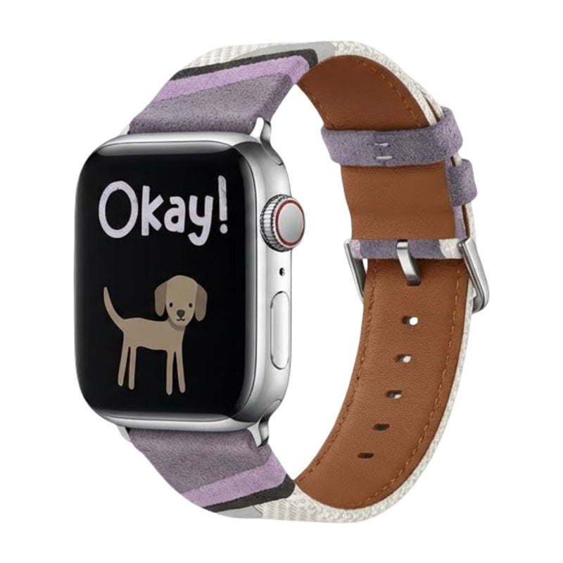 Bracelet montre Apple Watch en toile tissée violet clair avec intérieur cuir marron doux et boucle métallique argentée.