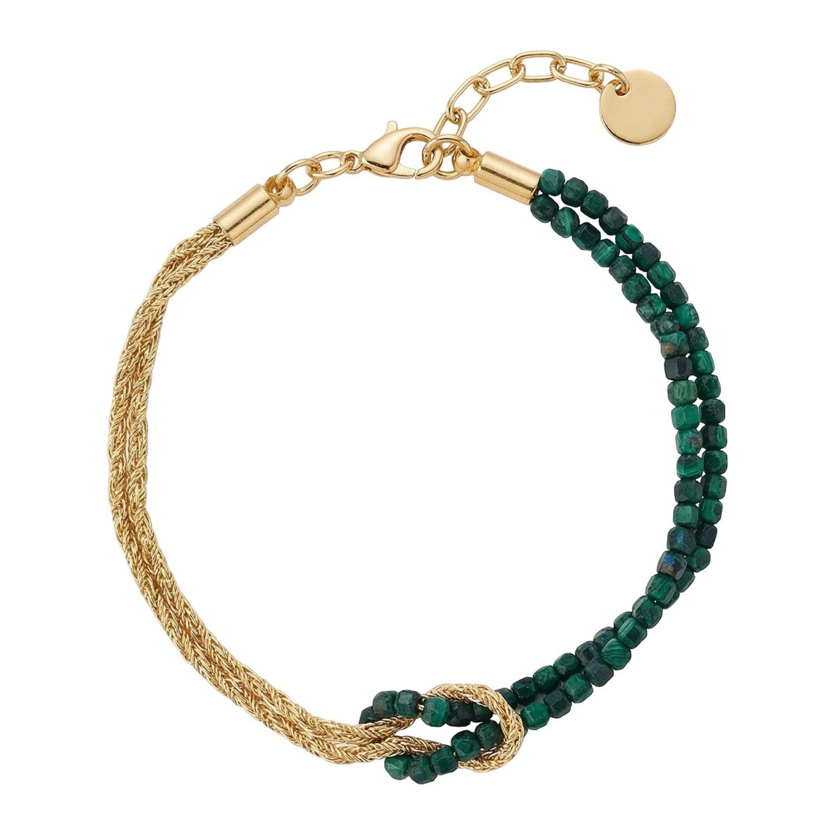 Bracelet double rang avec perles vert foncé japonaises et corde torsadée dorée, fermoir mousqueton et nœud décoratif.