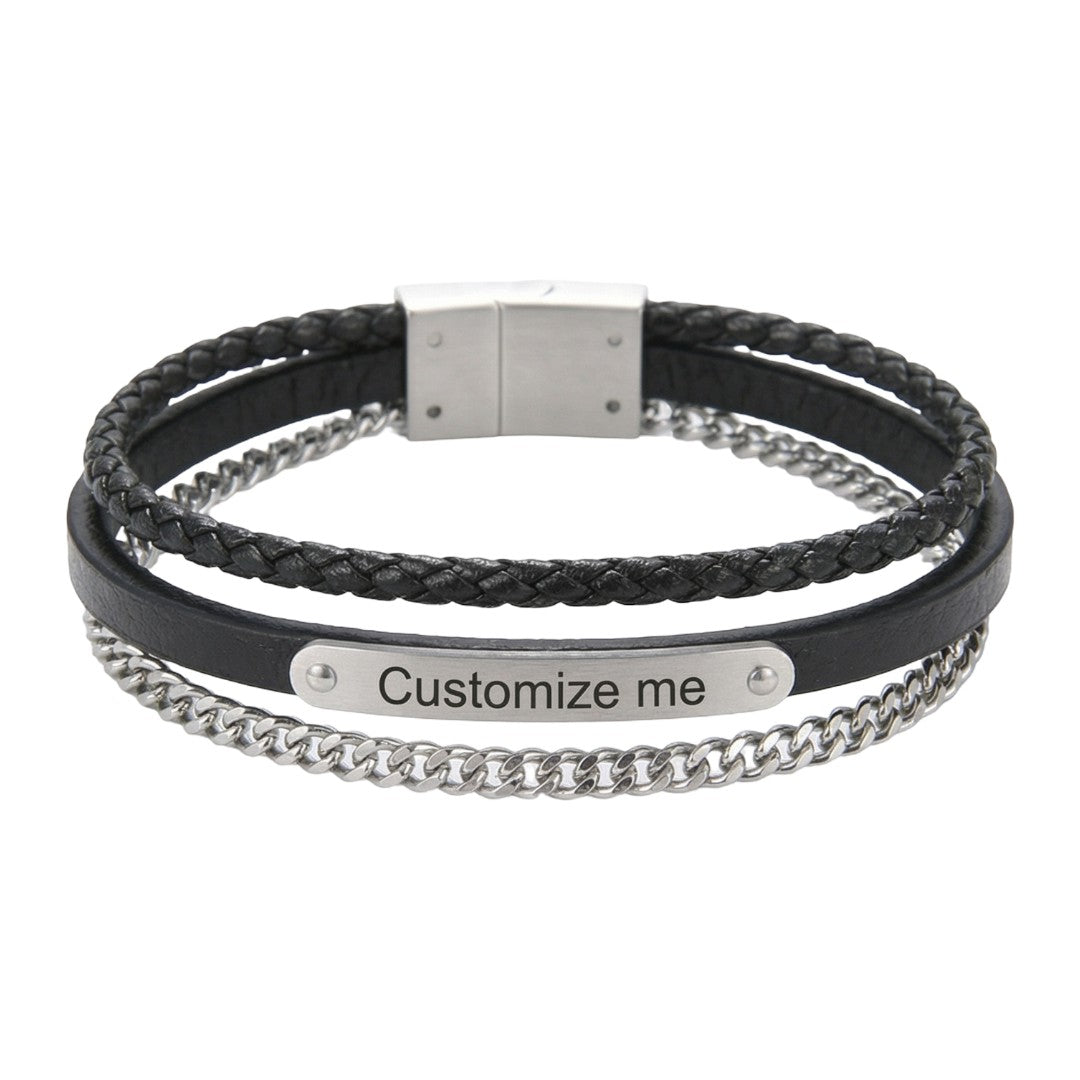 Bracelet homme noir cuir tressé et chaîne acier argenté avec plaque gravée personnalisable et fermeture magnétique.