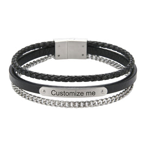 Bracelet homme noir cuir tressé et chaîne acier argenté avec plaque gravée personnalisable et fermeture magnétique.