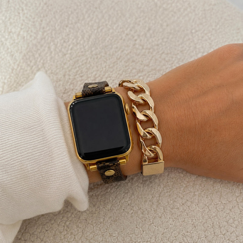 Bracelet compatible Apple Watch, double tour brun à motif, chaîne cubaine dorée, fermeture ajustable, modèle Harmania