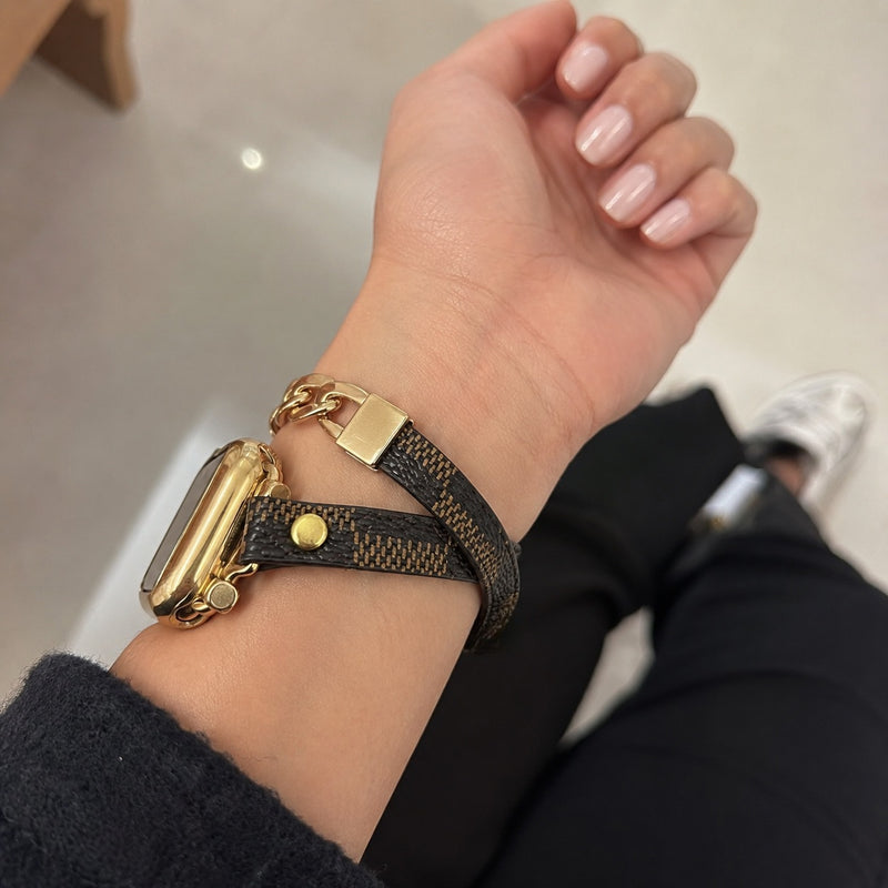 Bracelet compatible Apple Watch, double tour brun à motif, chaîne cubaine dorée, fermeture ajustable, modèle Harmania