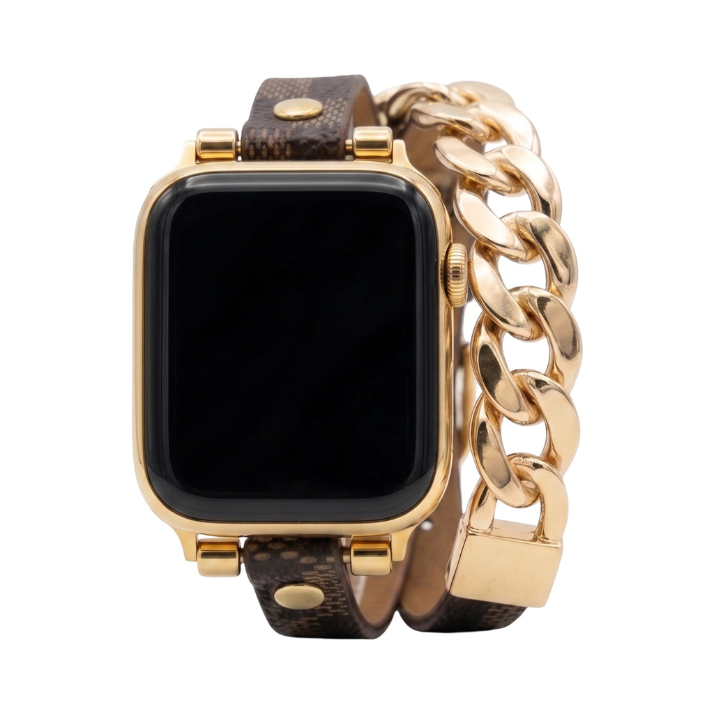 Bracelet compatible Apple Watch, double tour brun à motif, chaîne cubaine dorée, fermeture ajustable, modèle Harmania