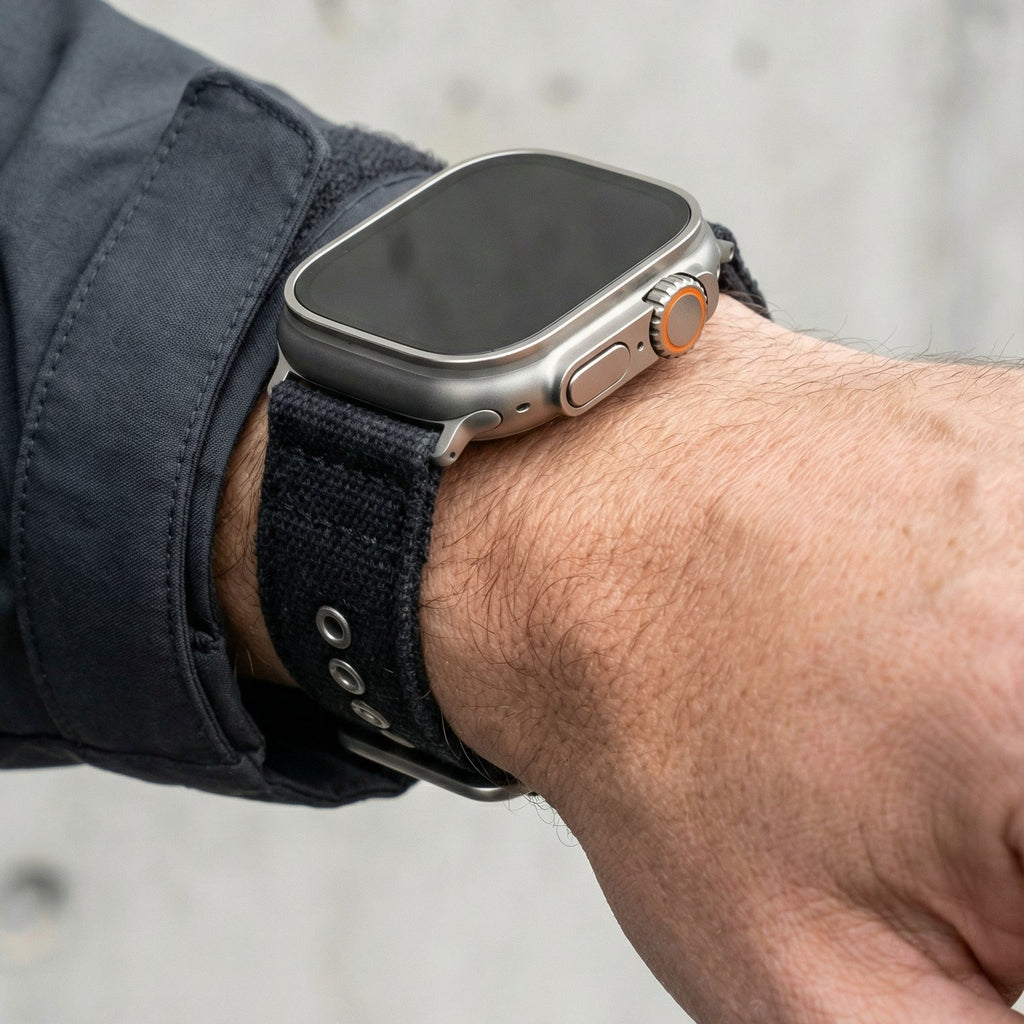 Apple Watch Armband aus dickem, doppellagigem Gewebe, robuster Stil, Stahlschließe, langanhaltender Tragekomfort am Handgelenk, Modell Jeffrey