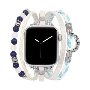 Bracelet Apple Watch multirang blanc et bleu, pierres naturelles et pendentif lune, fermoir ajustable sans outil, modèle Hécate