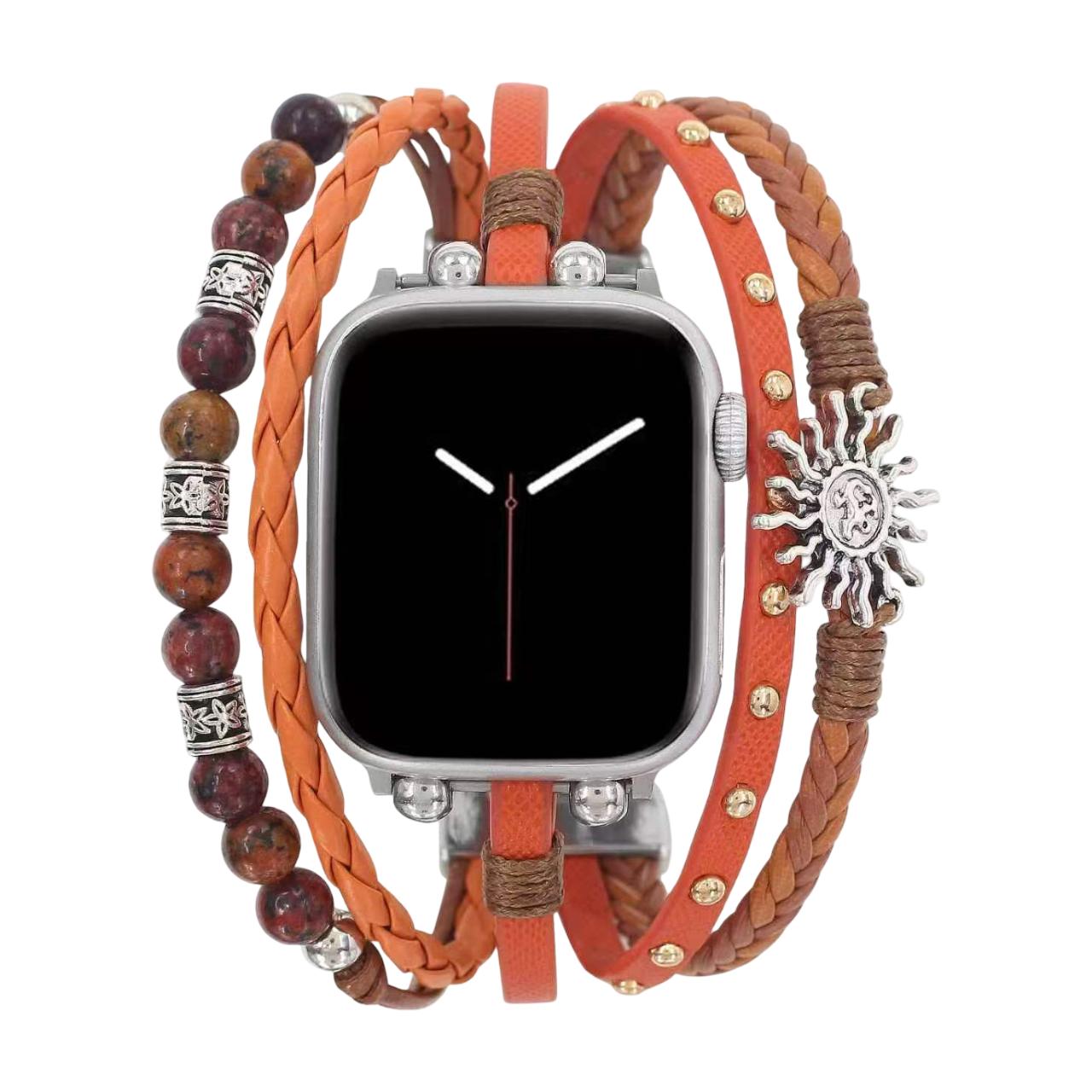 Bracelet Apple Watch multirang orange, pierres naturelles et pendentif soleil, fermoir ajustable sans outil, modèle Amaterasu