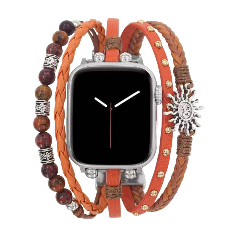 Bracelet Apple Watch multirang orange, pierres naturelles et pendentif soleil, fermoir ajustable sans outil, modèle Amaterasu