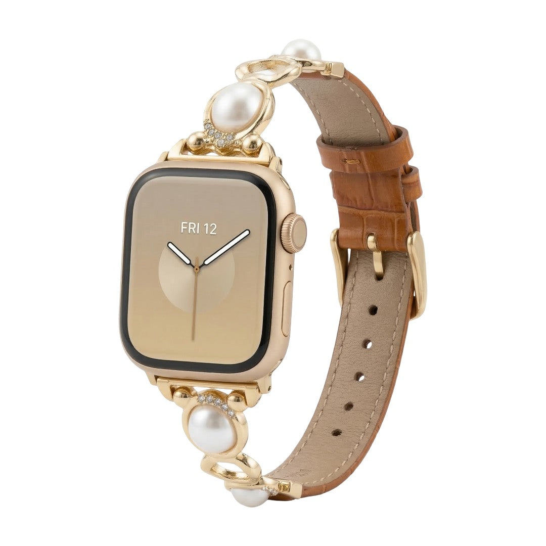 Bracciale Apple Watch gioiello con perle e similpelle vegan, cinturino decorativo per smartwatch con perle e dettagli luminosi, modello Vilestia