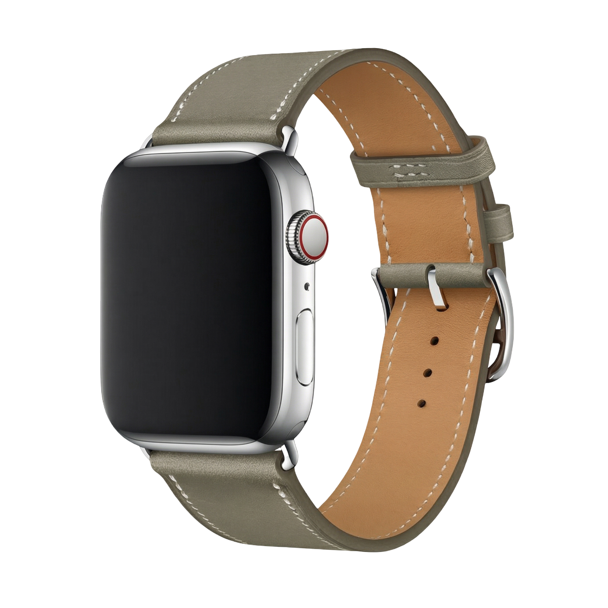 Bracelet Apple Watch en cuir taupe avec coutures blanches, doublure cuir naturel, boucle métallique argentée.