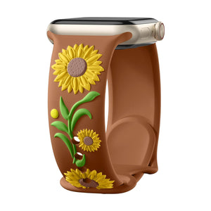 Bracelet Apple Watch silicone fleur de tournesol en relief, taille ajustable, disponible en plusieurs coloris, modèle Sunda