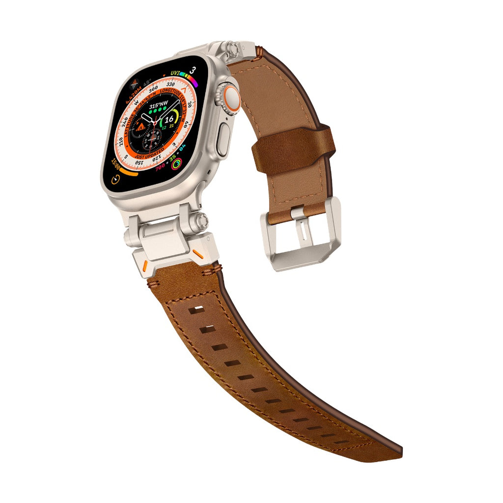 Bracelet pour Apple Watch en cuir marron avec fermoir boucle ardillon en acier inoxydable, style robuste explorateur,.