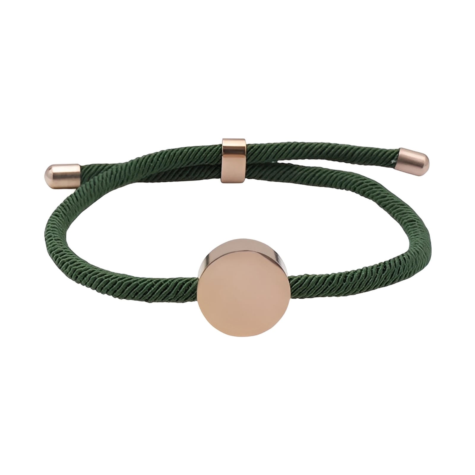 Bracelet cordon vert avec médaillon rond en acier inoxydable couleur or rose, style minimaliste.