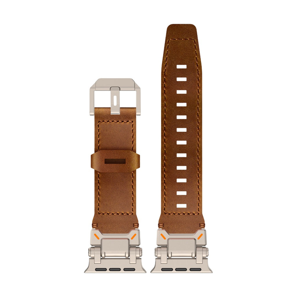 Bracelet Apple Watch en cuir marron, couture contrastée, fermoir boucle ardillon en acier inoxydable argenté, compatible.