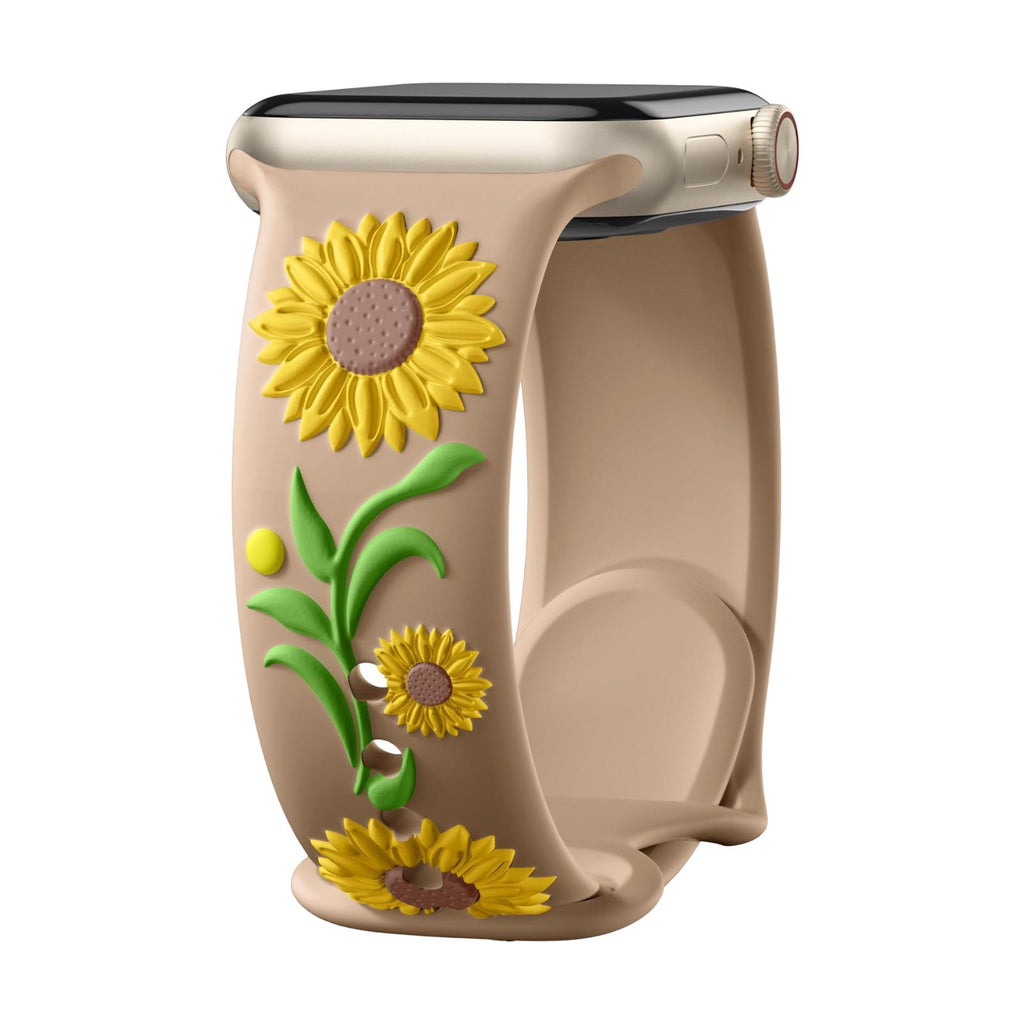 Bracelet Apple Watch silicone fleur de tournesol en relief, taille ajustable, disponible en plusieurs coloris, modèle Sunda