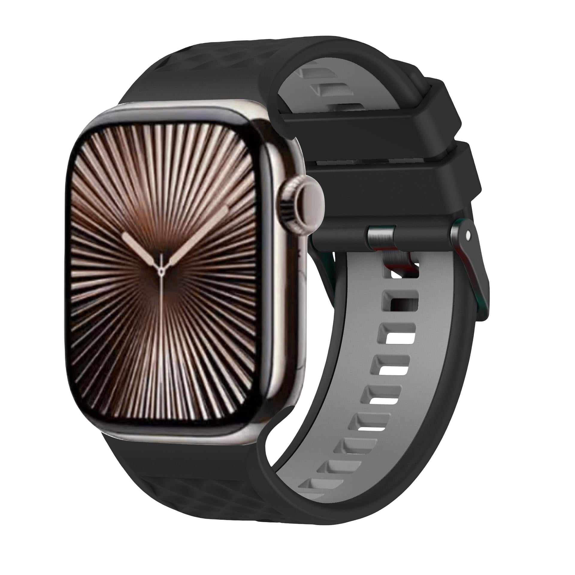 Bracelet silicone compatible Apple Watch, texture géométrique, boucle ardillon réglable, idéal sport, modèle Brush