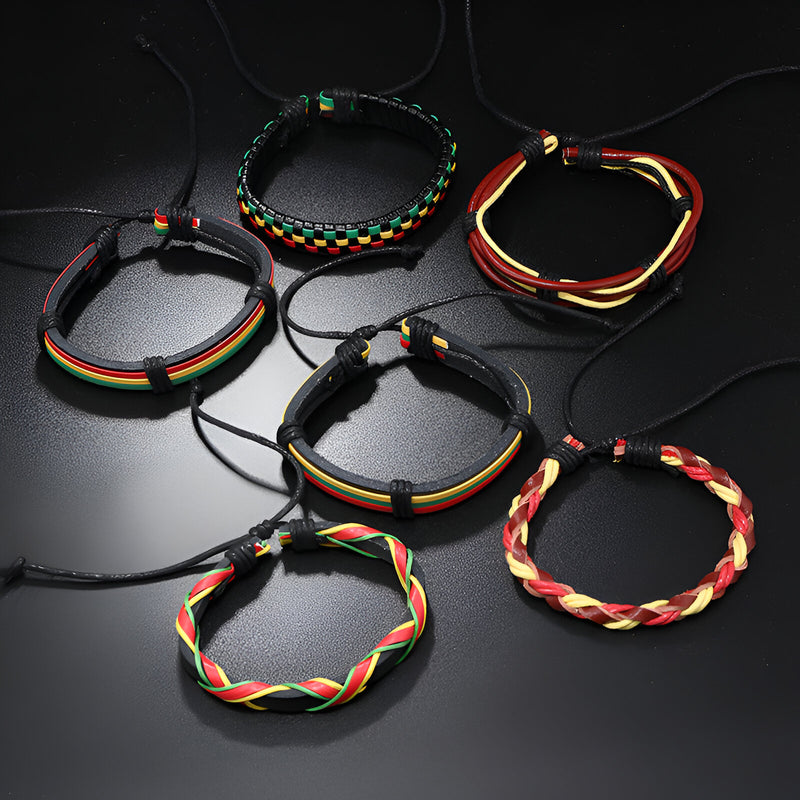 Ensemble de 6 bracelets homme multicolores style jamaïcain en cordon tressé ajustable.