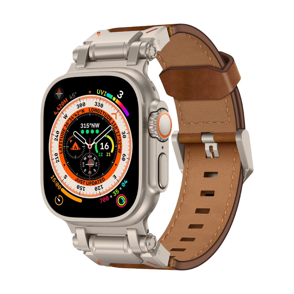 Bracelet en cuir marron avec boucle ardillon en acier inoxydable pour Apple Watch 42-49 mm, style robuste explorateur.